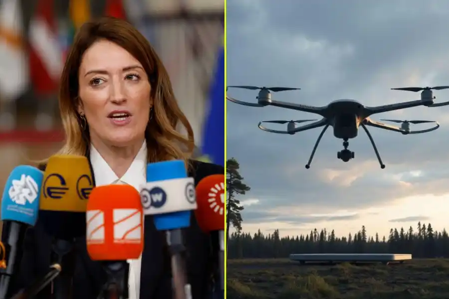 Roberta Metsola, ordförande för EU-parlamentet, vid sidan om impact-bolagets Stilfolds drönare. Foto: AP/TT + pressbild.