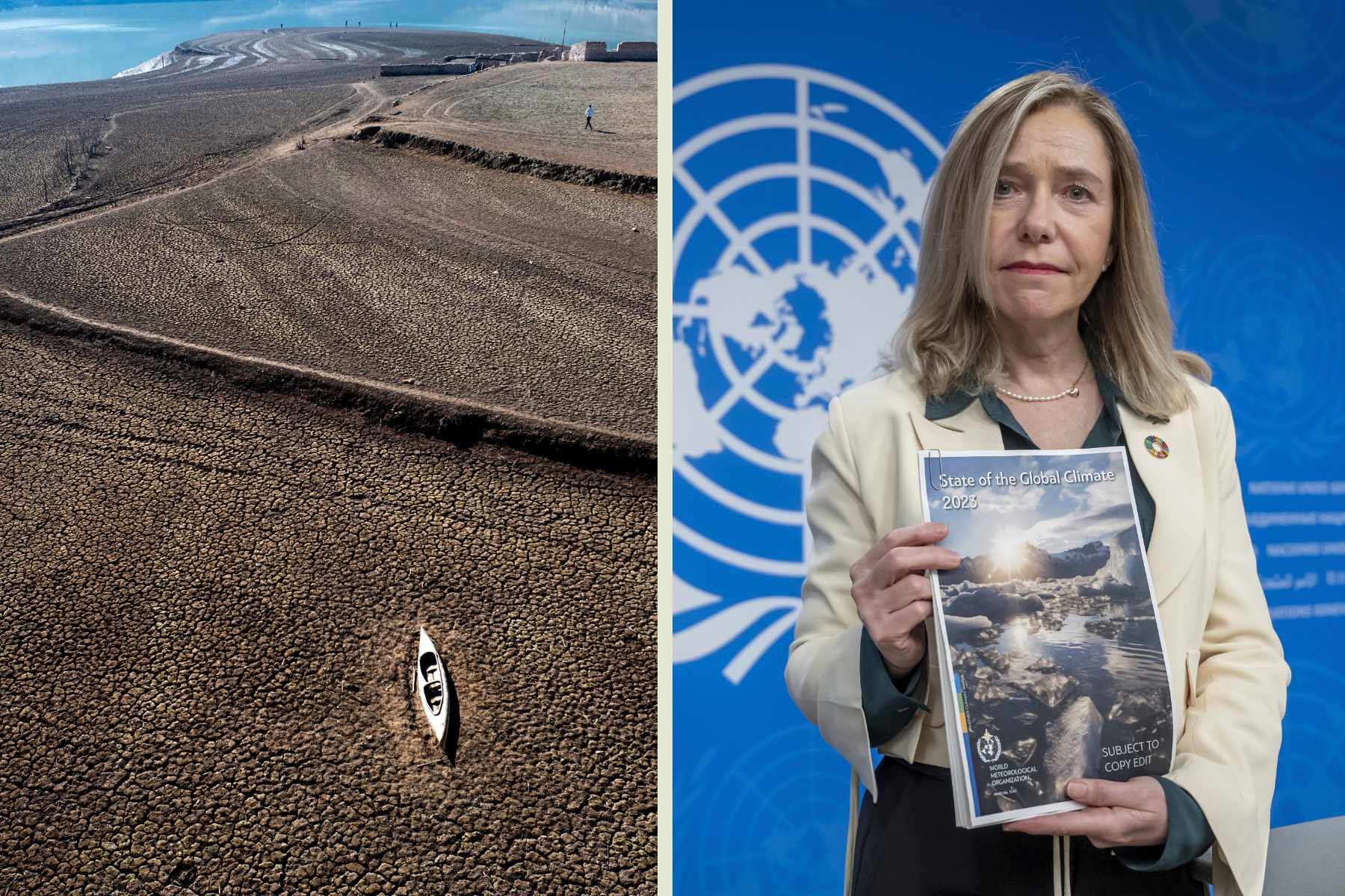 Sau-reservoaren i Vilanova de Sau norr om Barcelona ligger uttorkad. Celeste Saulo, generalsekreterare för WMO. Foton: Emilio Morenatti och Martial Trezzini/AP/TT.