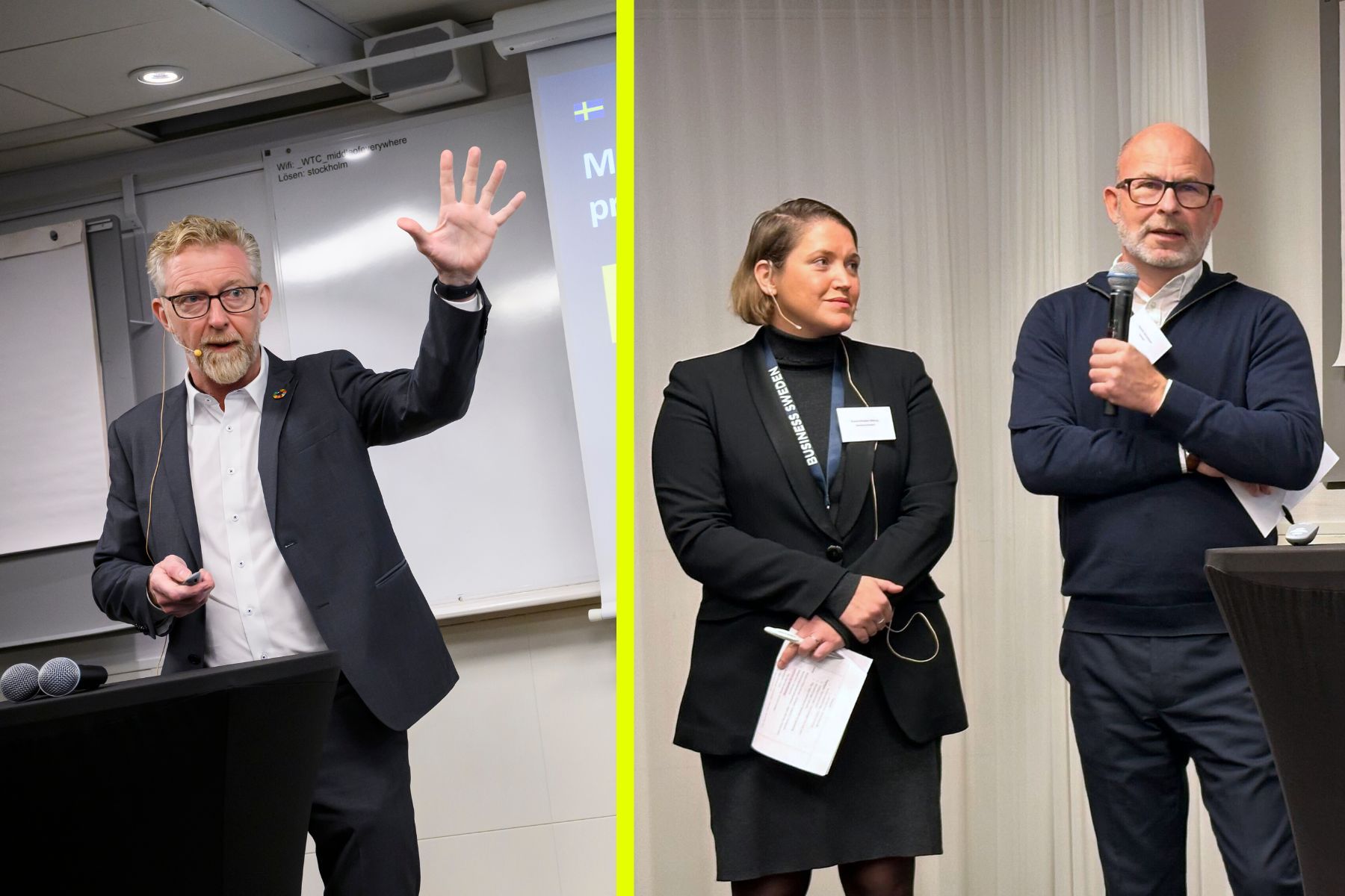 Jan Larsson (vd Business Sweden), Emma Modéer Wiking, (hållbarhetschef Business Sweden) och Spowdis grundare Henrik Johansson. Foto: TT, Jenny Kjellén.