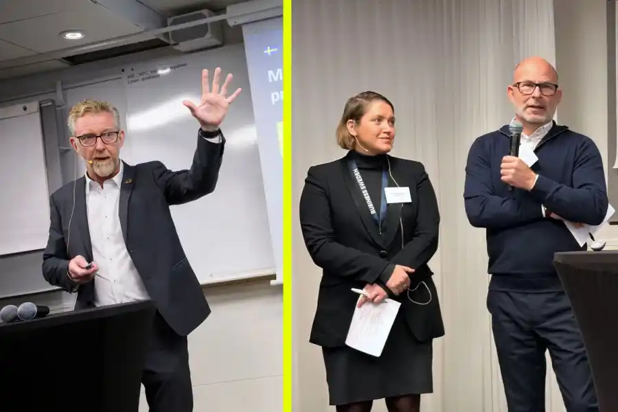 Jan Larsson (vd Business Sweden), Emma Modéer Wiking, (hållbarhetschef Business Sweden) och Spowdis grundare Henrik Johansson. Foto: TT, Jenny Kjellén.