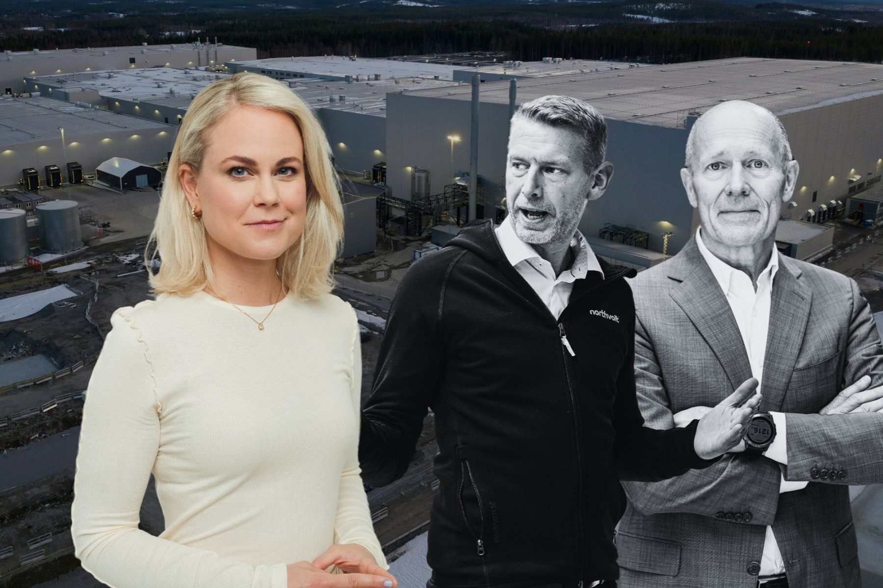 Camilla Bergman, Peter Carlsson och Harald Mix. Foton: Elisa Sanvito, TT och pressbild på Northvolts fabrik.