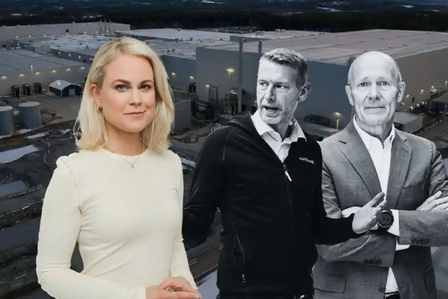 Camilla Bergman, Peter Carlsson och Harald Mix. Foton: Elisa Sanvito, TT och pressbild på Northvolts fabrik.
