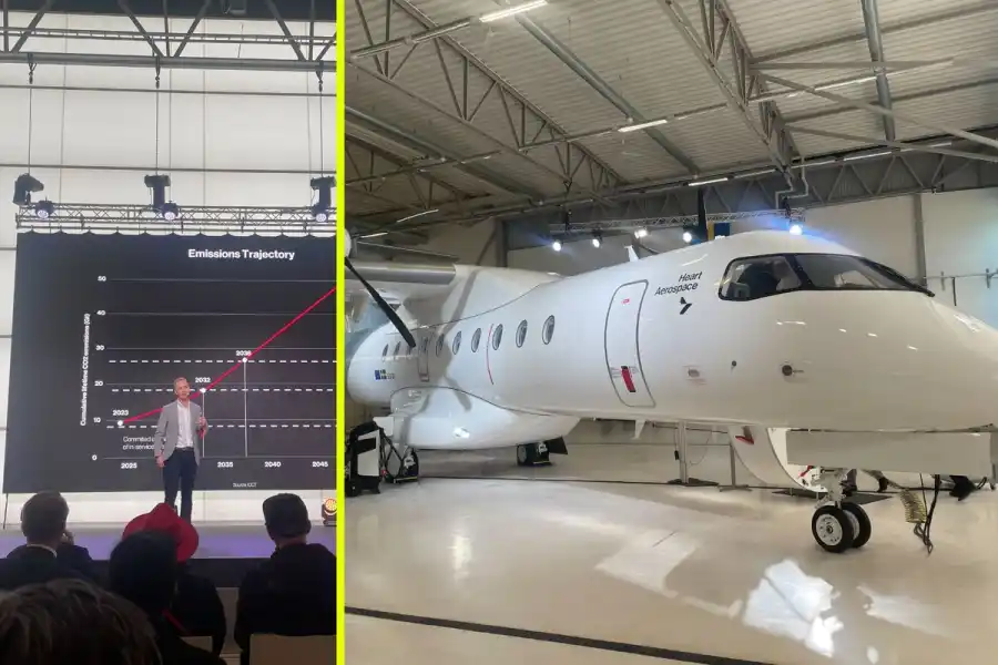 Anders Forslund, vd för Heart Aerospace presenterar det nya testflygplanet. Foto: Impact Loop.