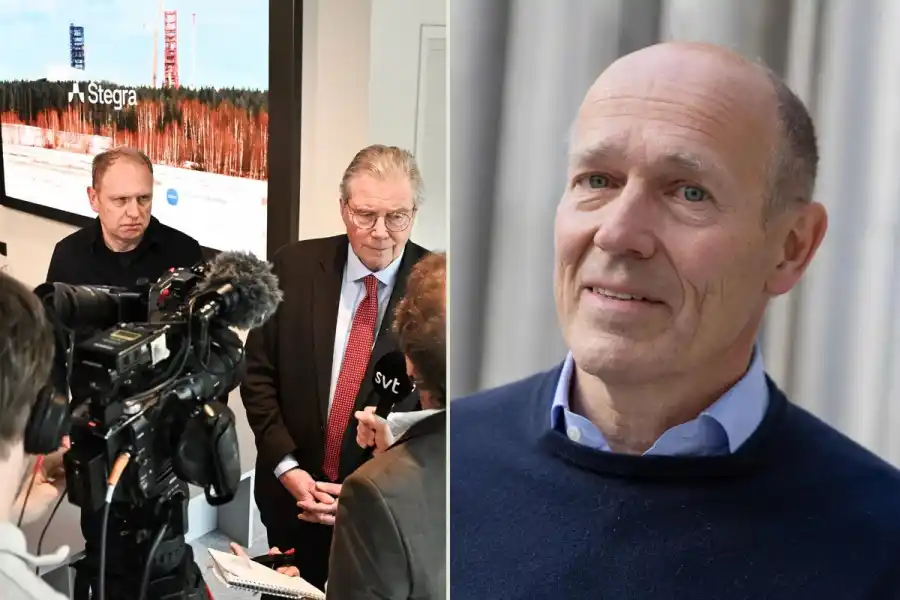 From left: Henrik Henriksson and Leif Johansson at a press conference in Stockholm April 14 2026, and Harald Mix, founder of Vargus Holding. Photo: TT.