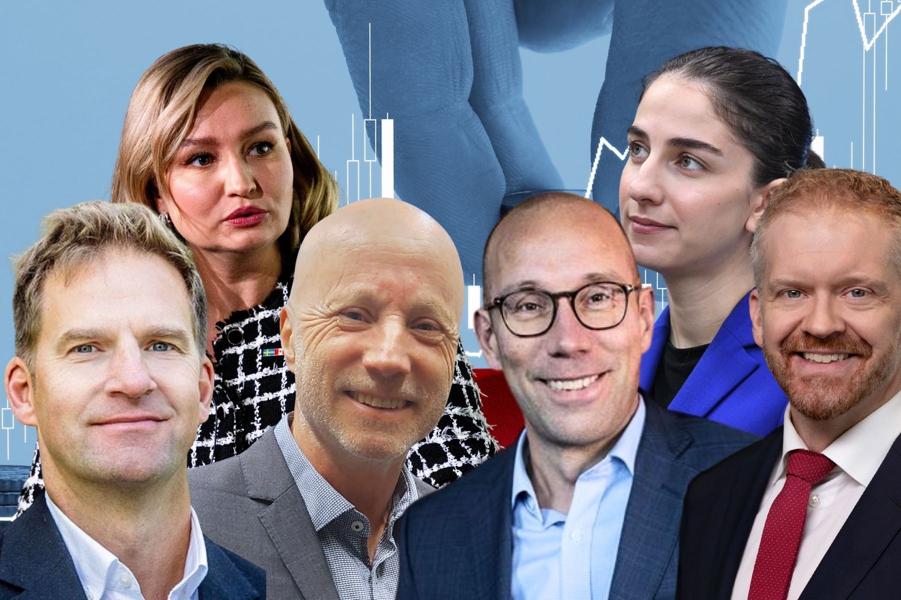 Från vänster: Stefan Sonnerstedt (Fortum), Ebba Busch (KD), Magnus Berg (Vattenfall), Fredrik Jonsson (Skellefteå kraft), Romina Pourmokhtari (L),Kristoffer Fröjd (Ellevio). Foto: Pressbilder/TT. Collage.