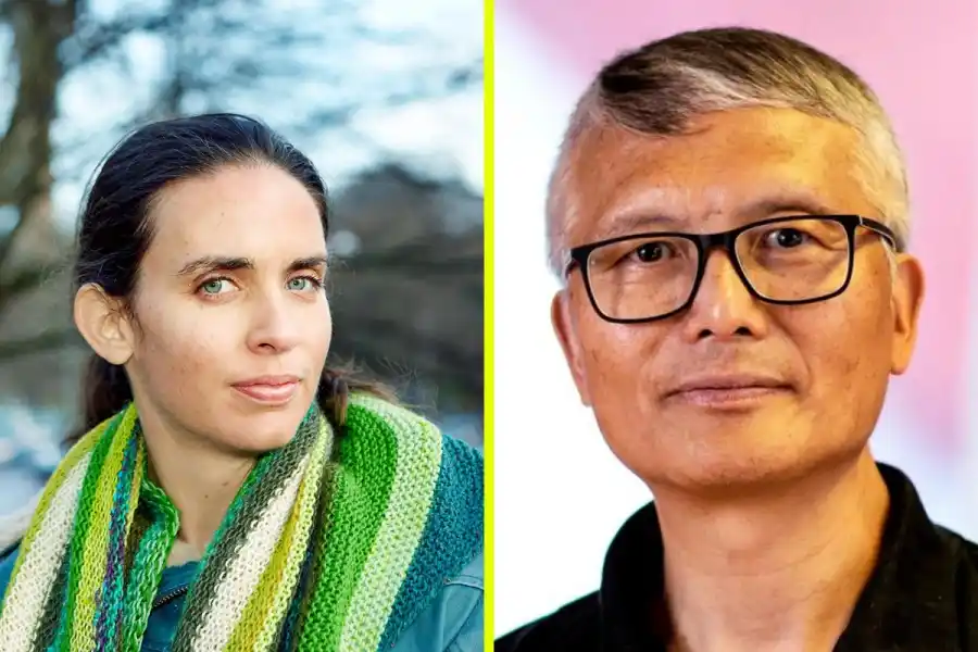 Frances Sprei, ordförande i Forskarrådet för Västra Götalands klimatomställning och Deliang Chen, professor i fysikalisk meteorologi vid Göteborgs universitet. Foto: Closer (Lindholmen) och Göteborgs universitet.