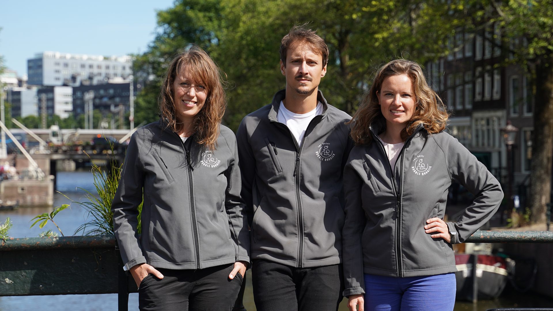 Great Bubble Barrier founders: Francis Zoet (left), Philip Ehrhorn (centre), and Anne Marieke Eveleens. (Saskia Studer, the fourth founder, now longer holds an operating role at the company). Credit: Earthshot Prize/The Great Bubble Barrier
