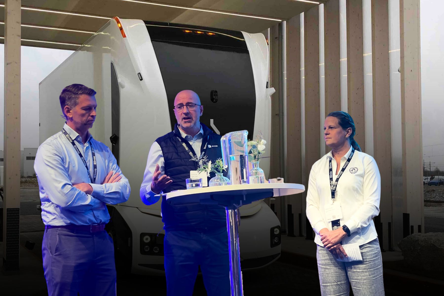 Rickard Legnestam (Volvo), Zeljko Jeftic (Einride) och Jessica Björkquist (Scania) under ett panelsamtal på Elmia Lastbild. Foto: pressbild/kollage