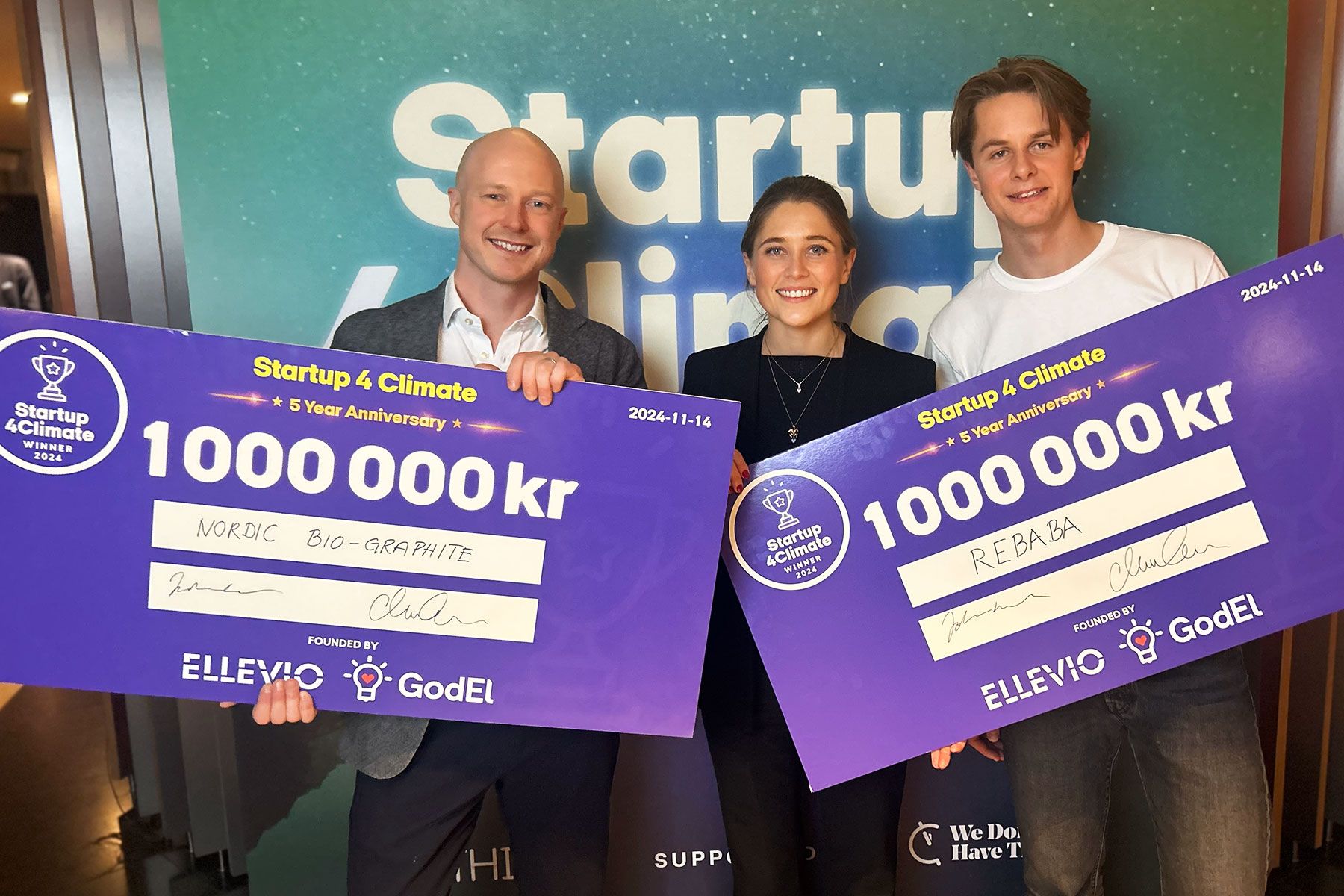 Jakob Way, vd Nordic Bio-Graphite. Paula Runsten och Felix Kruse, grundare Rebaba. Foto: Christian von Essen