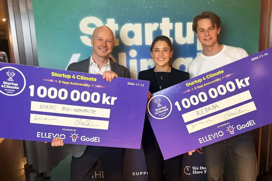 Jakob Way, vd Nordic Bio-Graphite. Paula Runsten och Felix Kruse, grundare Rebaba. Foto: Christian von Essen