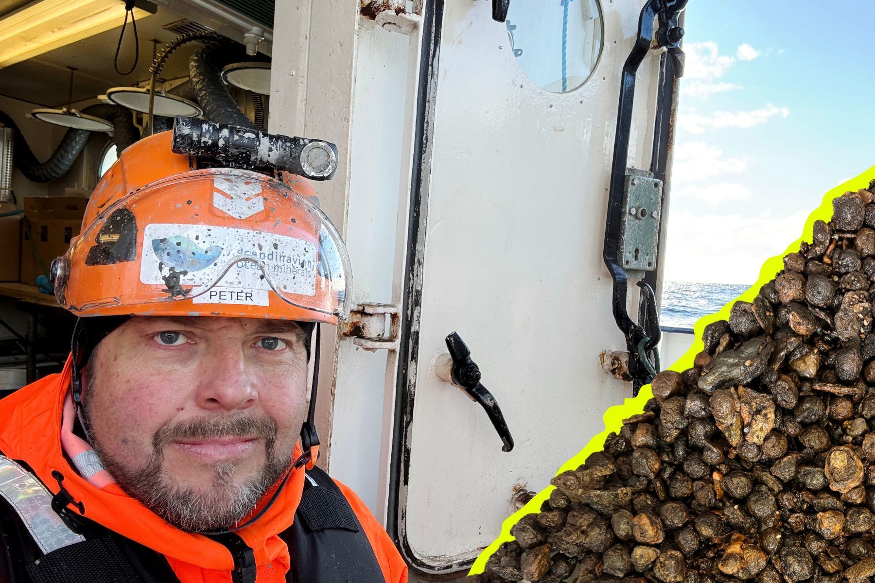 Peter Lindgren, vd Scandinavian Ocean Minerals, ihop med "metall-köttbullarna". Pressbild.