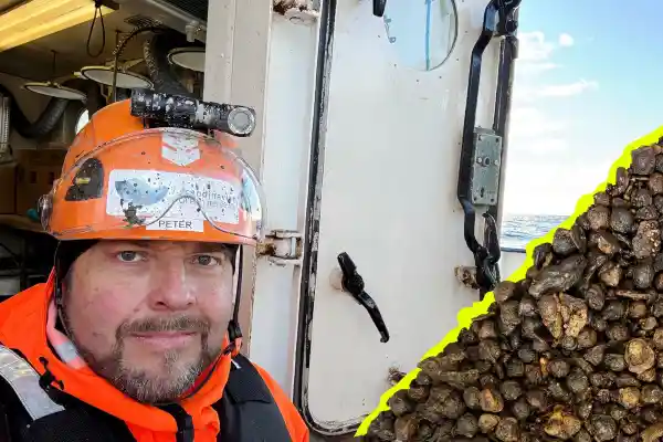 Peter Lindgren, vd Scandinavian Ocean Minerals, ihop med "metall-köttbullarna". Pressbild.