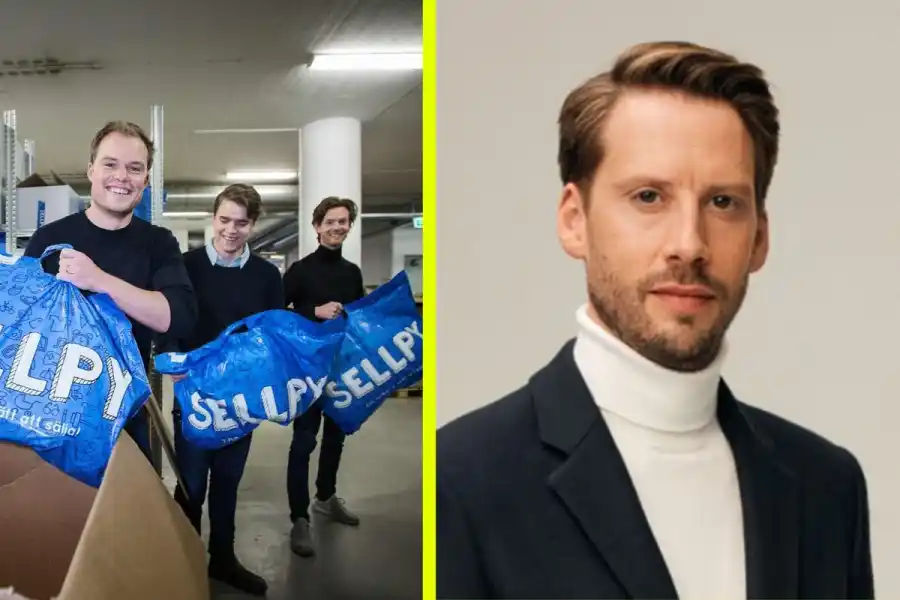 Sellpys grundartrio och H&M:s vd Daniel Ervér. Foto: pressbilder.