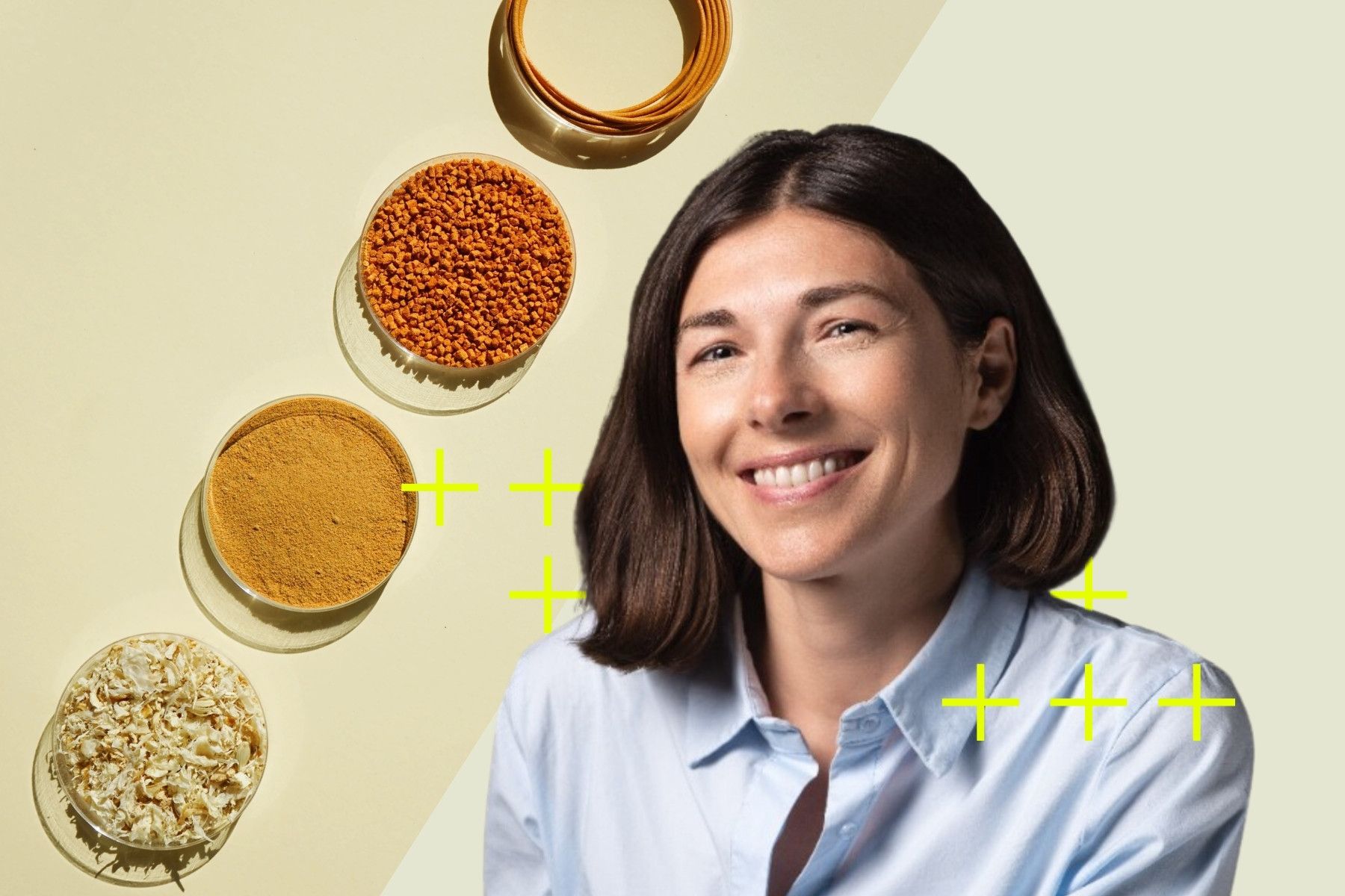 Giusy Cannone, partner at Primo Climate and biomaterial from portfolio company Krill Design. Photos: press