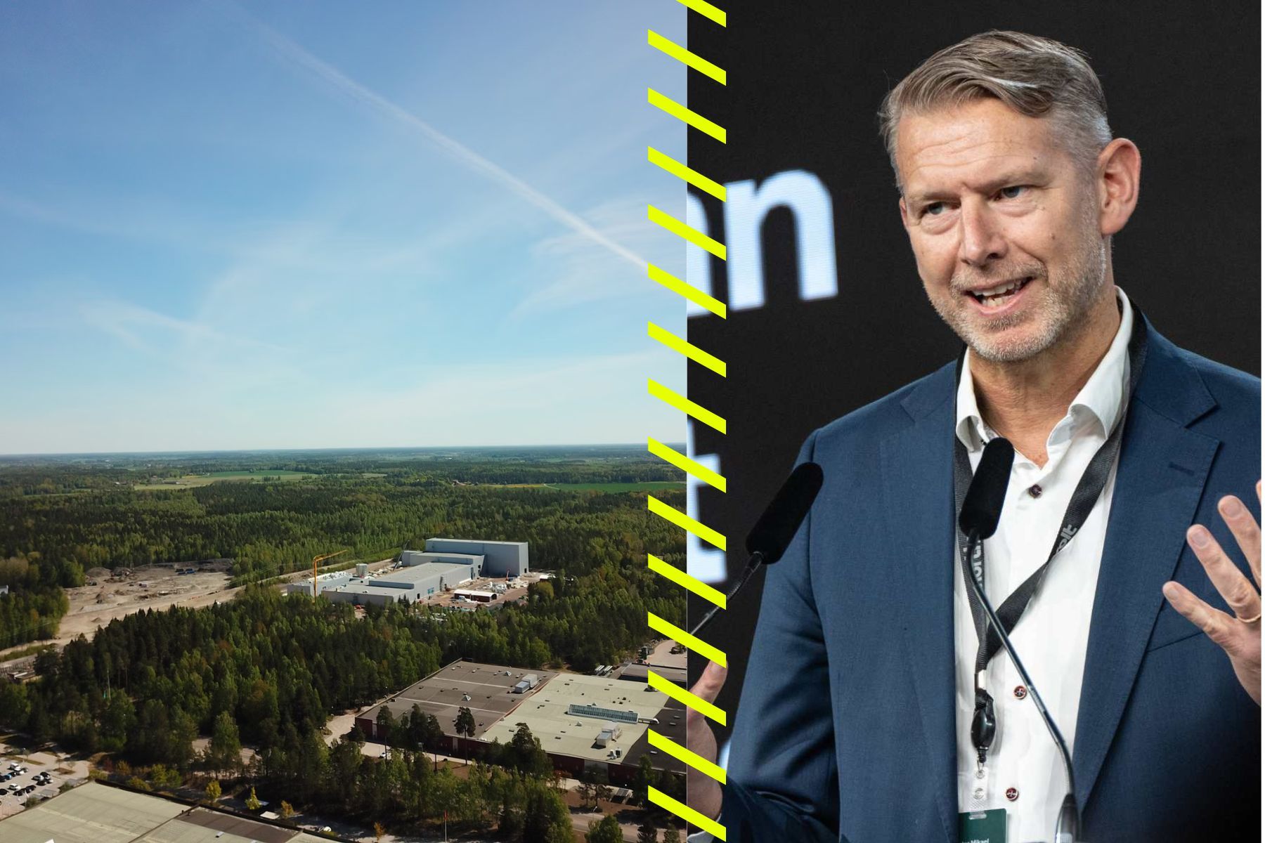 Northvolts anläggning i Västerås och Peter Carlsson, vd. Foto: pressbild / TT.