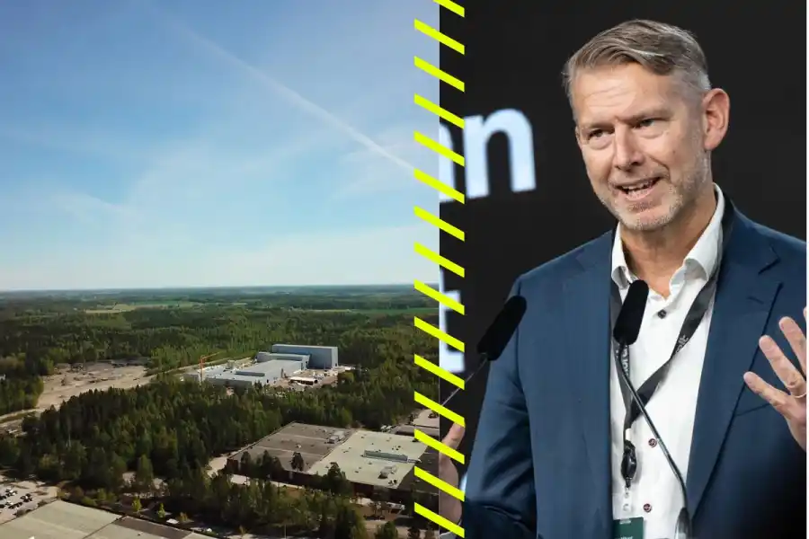 Northvolts anläggning i Västerås och Peter Carlsson, vd. Foto: pressbild / TT.