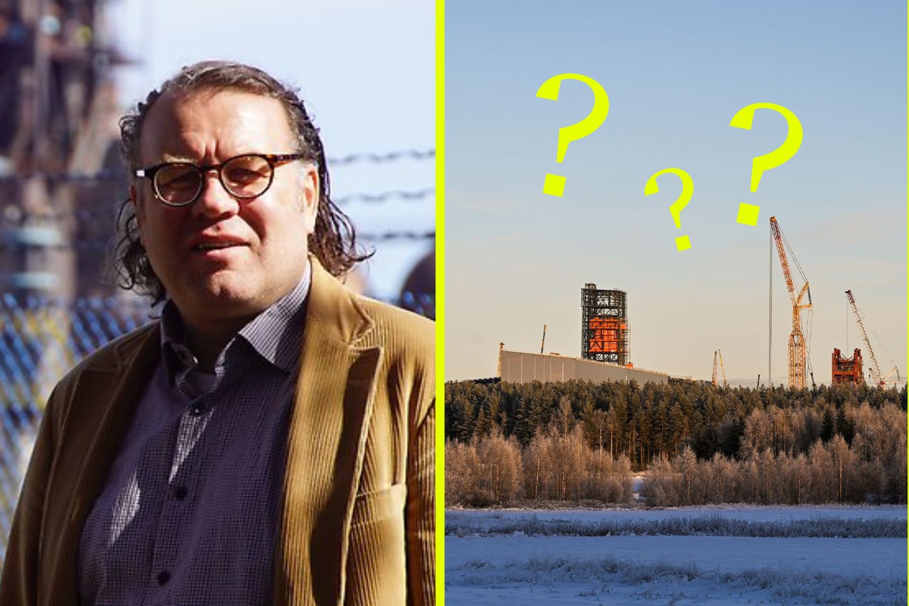 Ossi Pesämaa, associate professor at Luleå University of Technology with an image of Stegra's plant in Boden, northern Sweden under construction. Press photos/Impact Loop design