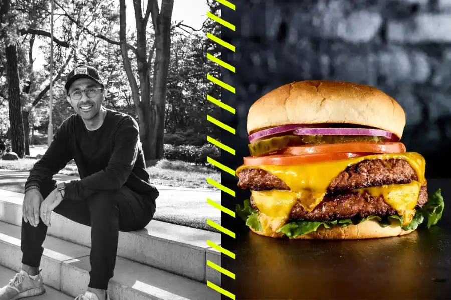 Sorosh Tavakoli och en saftig burgare med Stockeld Dreamerys veganska ost. Pressbilder.