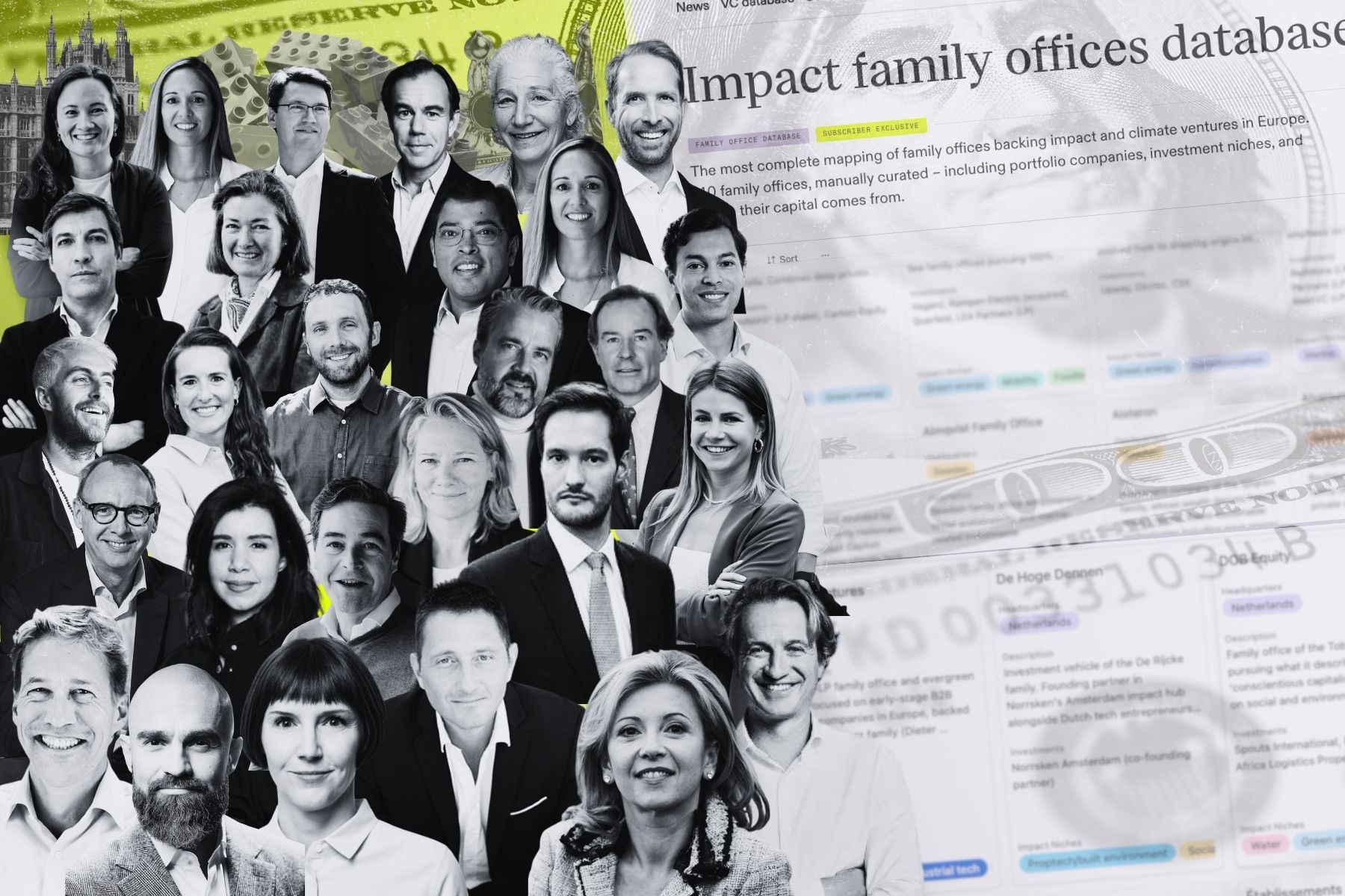 Impact Loop's family office database now includes 150 entries. Pictured are some of the investors represented. Press photos and collage by Impact Loop.