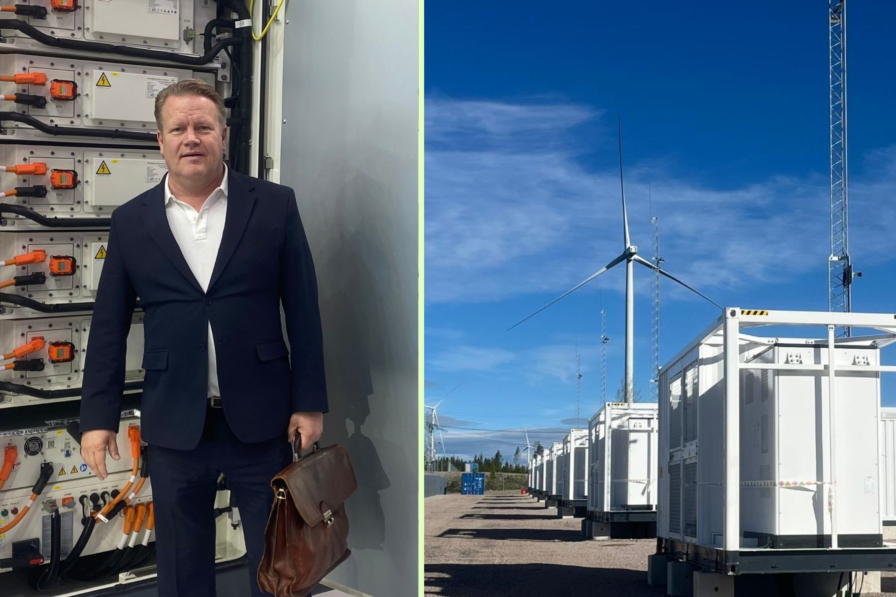 Daniel Hedström, vd för Suntrade Group, och ett av företagets batterilager. Foto: pressbilder