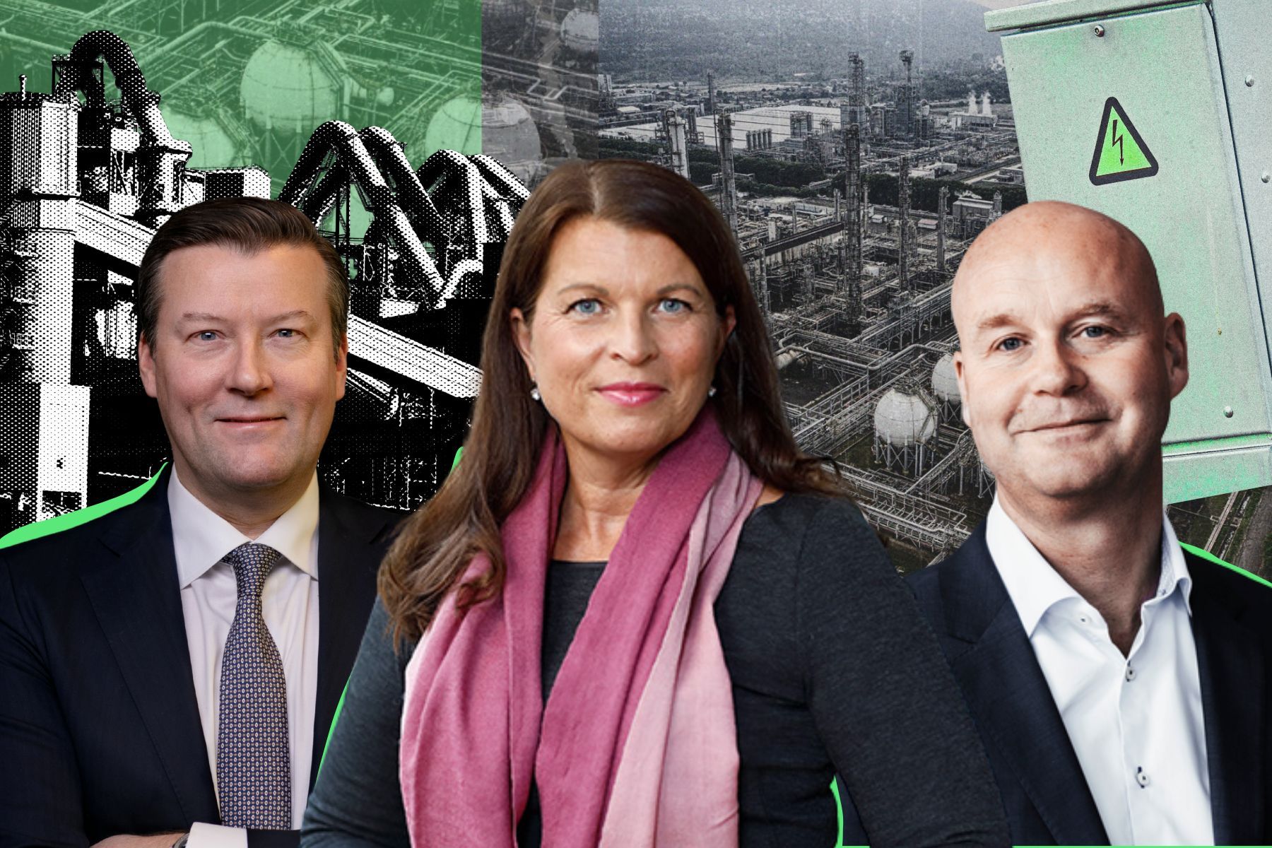 Johan Lindeskog, Annika Viklund och Johan Mörnstam har vd-rollerna på nätjättarna Ellevio, Vattenfall eldistribution och Eon Sverige. Foto: Pressbilder / Canva (montage).
