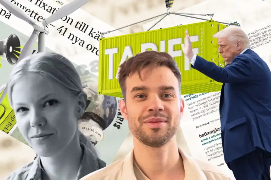 Linnea Hanell, språkvårdare på Språkrådet. Anton Osikas Loveable har populariserat vibbkodning – och Trumps tullar har präglat det språkliga året. Foto: TT / Canva.