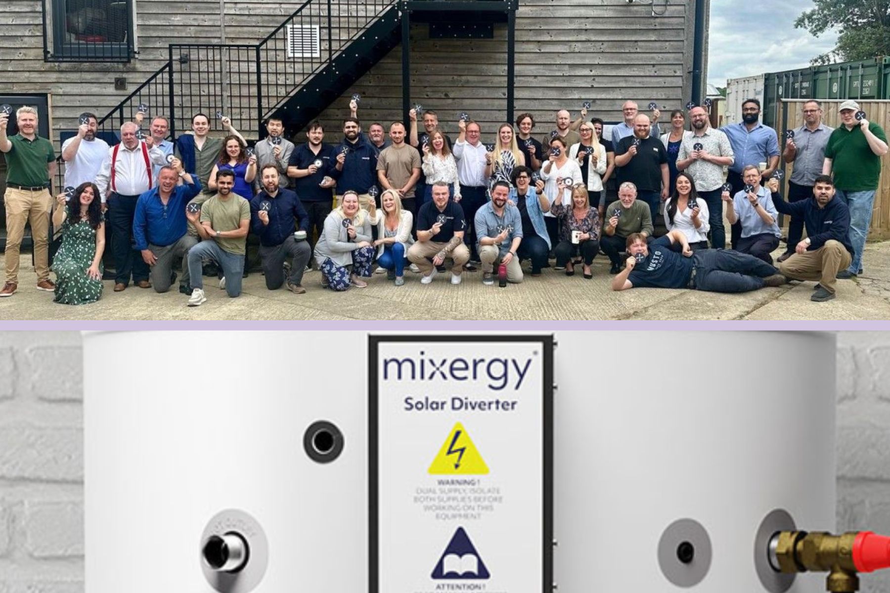 Mixergy's team and a mixergy cylinder. Photos: Mixergy press images