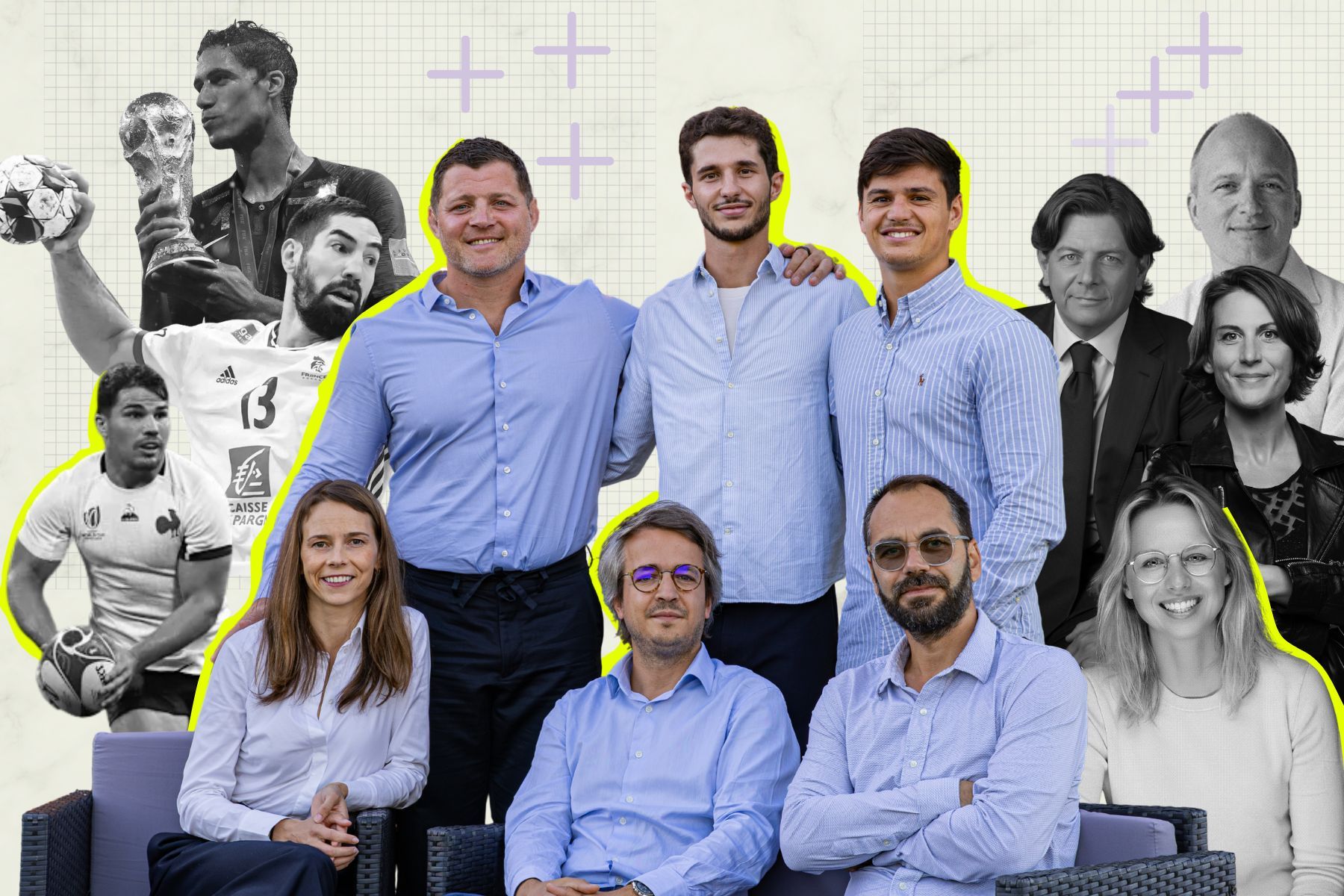 Teampact team (front) with investors and pro athletes in the background. All names listed at the bottom. Press photos/Impact Loop design