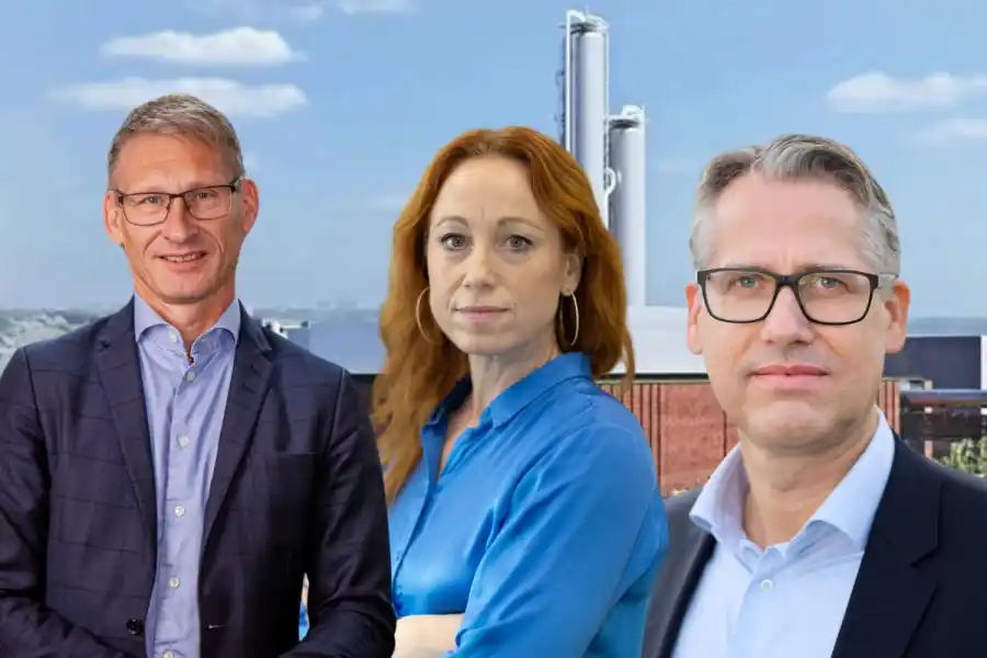Anders Egelrud, vd för Stockholm Exergi, Caroline Asserup, tillförordnad generaldirektör på Energimyndigheten och Andreas Hörnfeldt, chef för nya affärer på Södra Innovation. Foto: pressbilder.