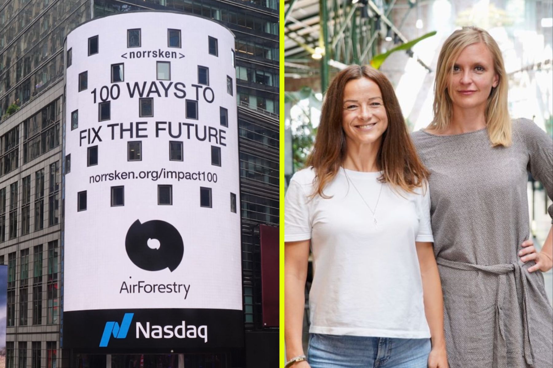 Norrskens övertagande av ljusskylten vid Nasdaq i New York, pressbild. Funda Sezgi och Sara Kappelmark, som delar på vd-skapet för Norrsken. Foto: Thomas Eriksson