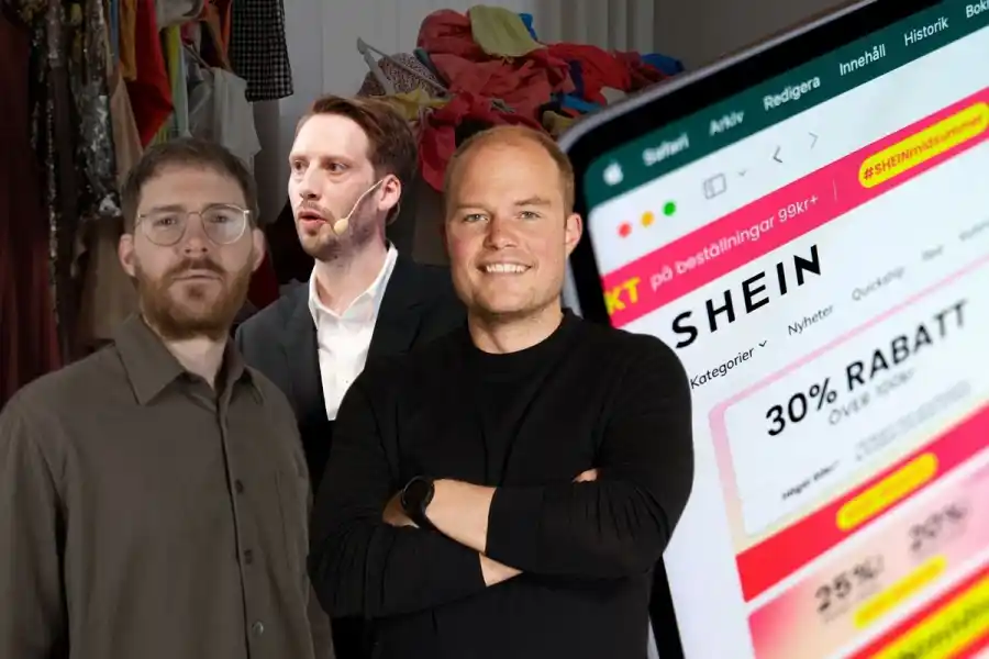 Jimmy Heibert, vd på Plick, Daniel Ervér, vd på H&M och Michael Arnör, vd på Sellpy och. Foto: pressbilder / TT. Grafik av Impact Loop.