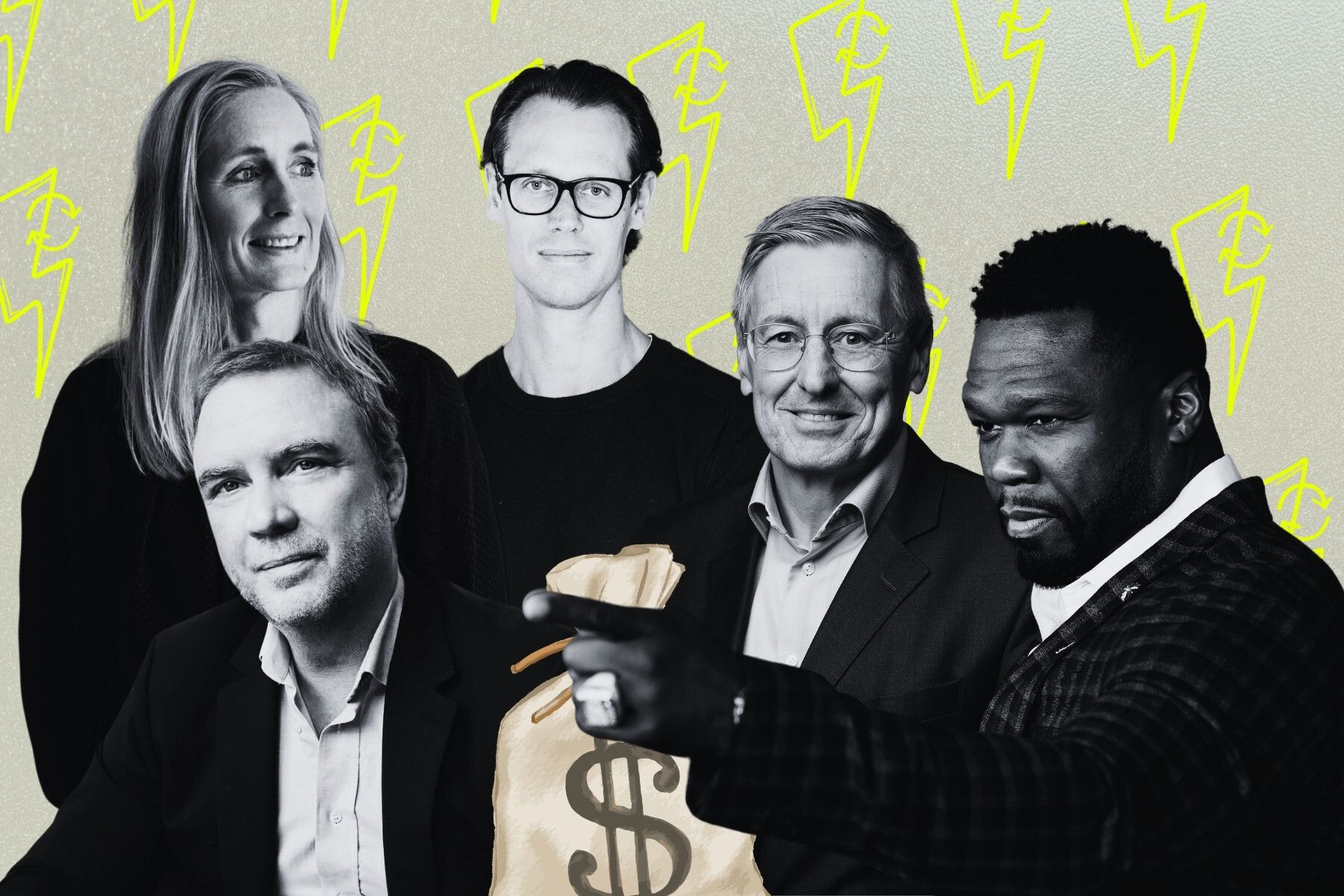 Kerstin Cooley, medgrundare Course Corrected, Mathias Invgvarsson, vd Holyvolt, Jacob de Geer, grundare Izettle, Ronnie Leten, ny ordförande i Holyvolt och 50 Cent, rappare. Foto: pressbilder / TT. Grafik av Impact Loop.