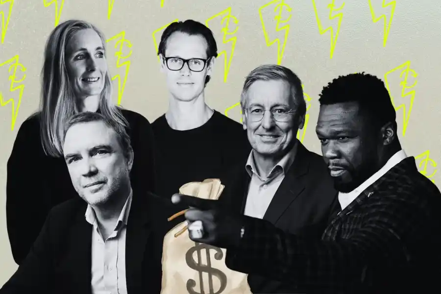 Kerstin Cooley, medgrundare Course Corrected, Mathias Invgvarsson, vd Holyvolt, Jacob de Geer, grundare Izettle, Ronnie Leten, ny ordförande i Holyvolt och 50 Cent, rappare. Foto: pressbilder / TT. Grafik av Impact Loop.