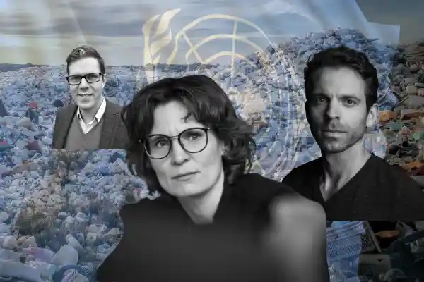 Robert Engberg, CEO of Novoplast (left), European Commissioner Jessika Roswall (centre), and Christian Schiller, founder & CEO of Cirplus. Credit: Creative Commons/Canva/Impact Loop