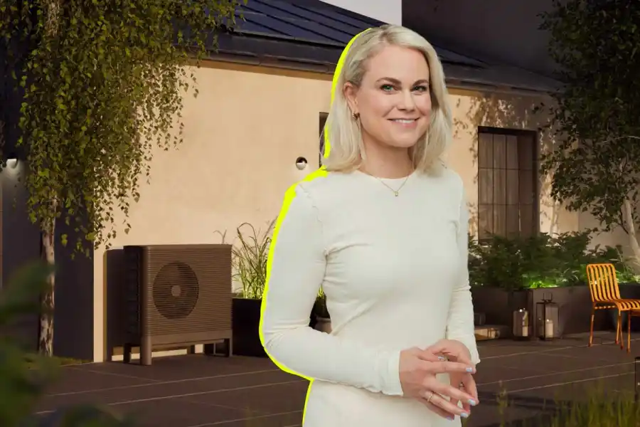 Airas nya värmepump i bakgrunden. Camilla Bergman i förgrunden (foto: Elisa Sanvito).