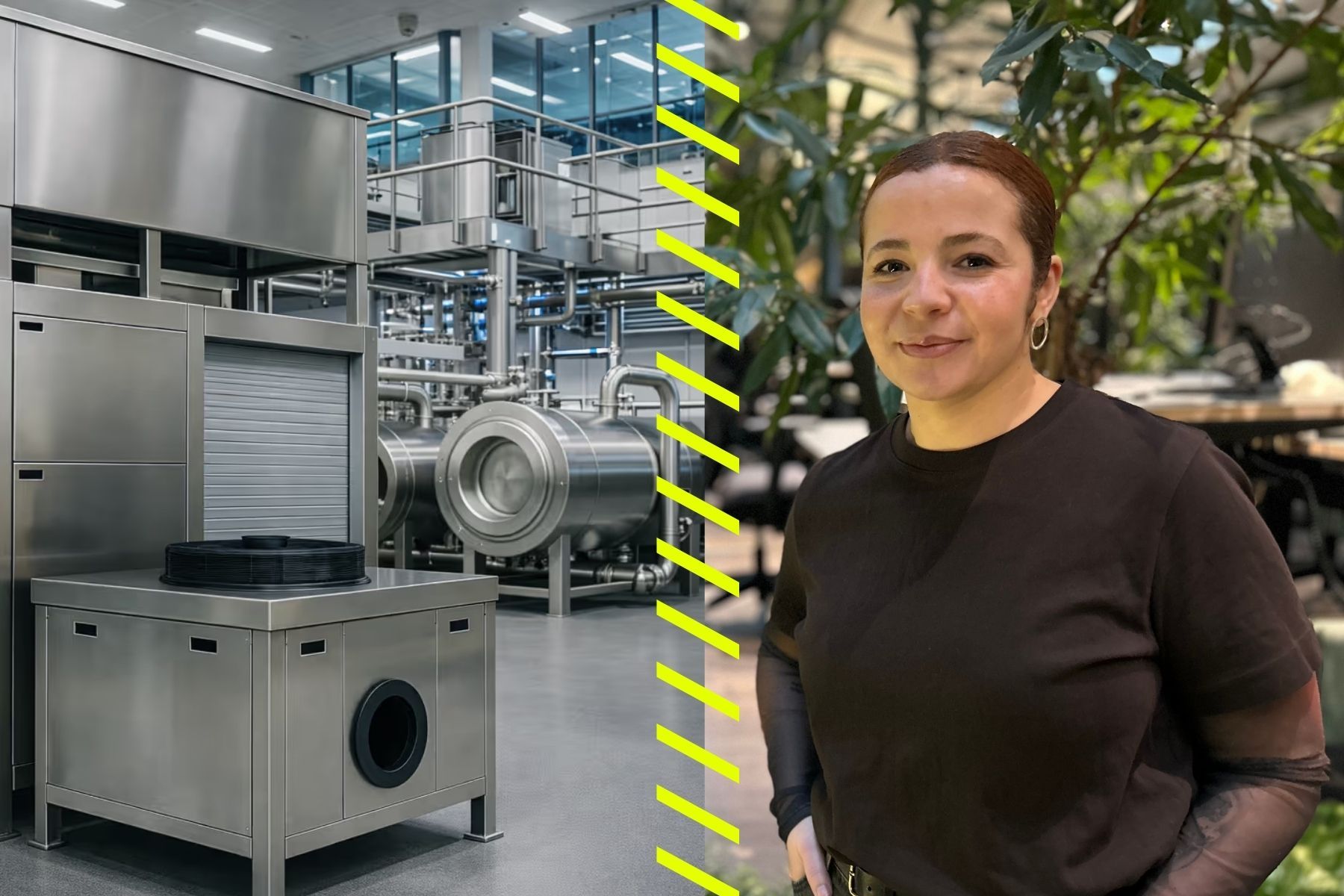 Till vänster: Illustrationsbild av Renasens kommande anläggningen. Jade Bouledjouidja vd och grundare.