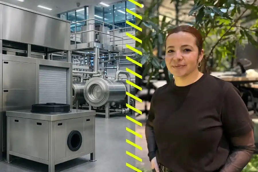 Till vänster: Illustrationsbild av Renasens kommande anläggningen. Jade Bouledjouidja vd och grundare.