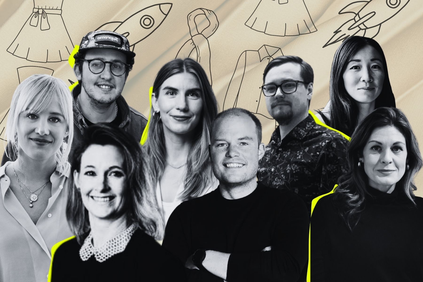 Eleonore Säll (A retro tale), Kristian Rajnai (Aplace), Caroline Linton (Vinty Market), Vendela Ragnarsson (Rerobe), Michael Arnör (Sellpy), Johannes Klint (Slowfashion), Emma Rosman (Mai app) och Caroline Hamrin (Arkivet). Foto: Pressbilder. Grafik: Diana Demin.