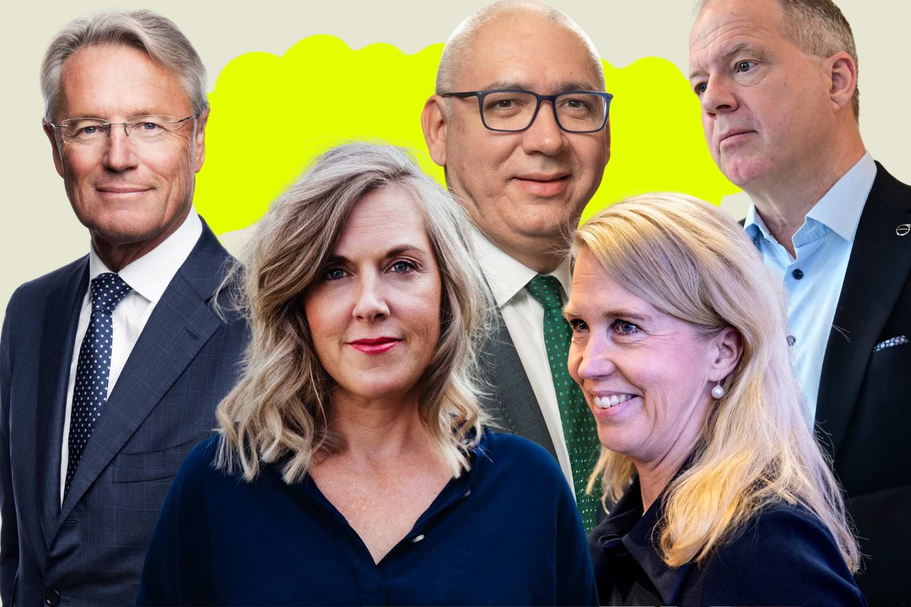 Björn Rosengren, vd för ABB, Frida Berry Eklund, Klimatkollen, Vagner Rego, ny vd Atlas Copco, Helena Stjernholm, vd Industrivärden (foto: TT), Martin Lundstedt, vd Volvo AB (foto: TT). Övrigt: pressbilder.