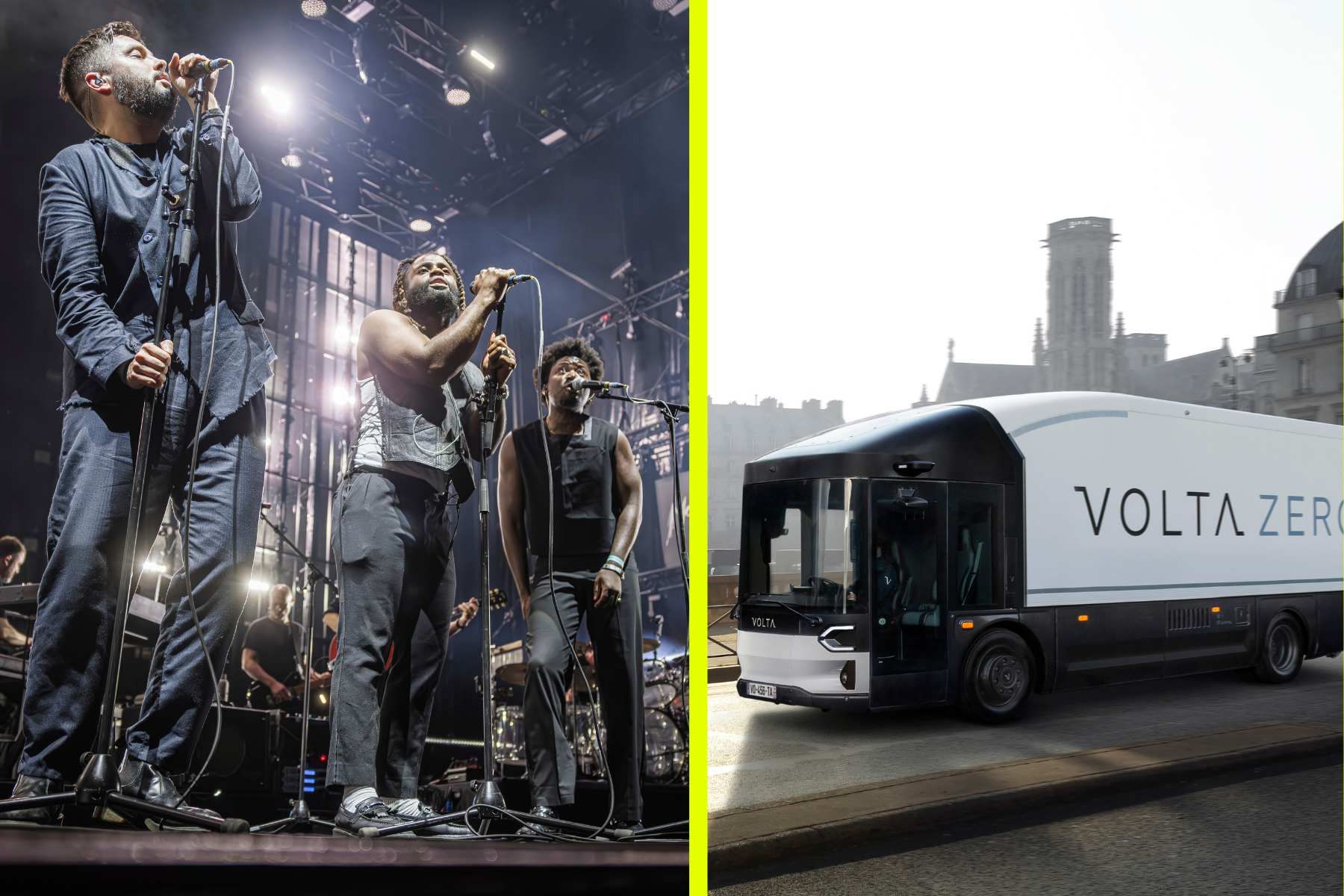 Massive Attack och svenskgrundade Volta Trucks. Foto: Valentin Flauraud/AP och preesbild.