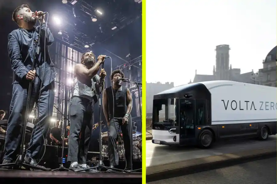 Massive Attack och svenskgrundade Volta Trucks. Foto: Valentin Flauraud/AP och preesbild.