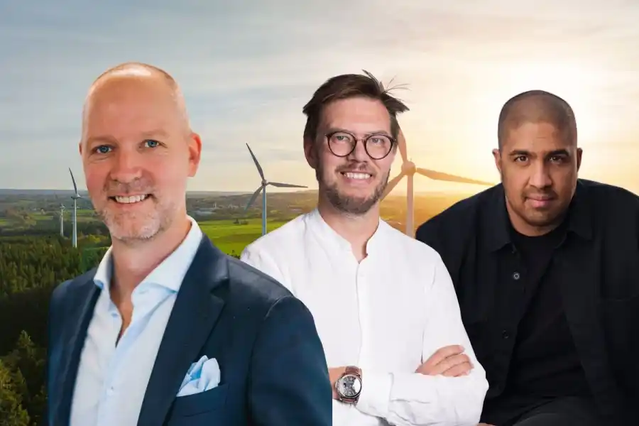 Niklas Lewéus, strateg på Öresundskraft, Tor Espen Steinvik, vd på Skye och Tanmoy Bari, vd på Greenely. Foto: Pressbilder (montage).