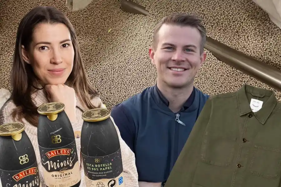 Erika Hombert, investeringsansvarig på Pinc, och Simon Hilmersson, vd på Nordic Seafarm. Bailey's i pappersflaska och jacka gjord av bananfibrer.