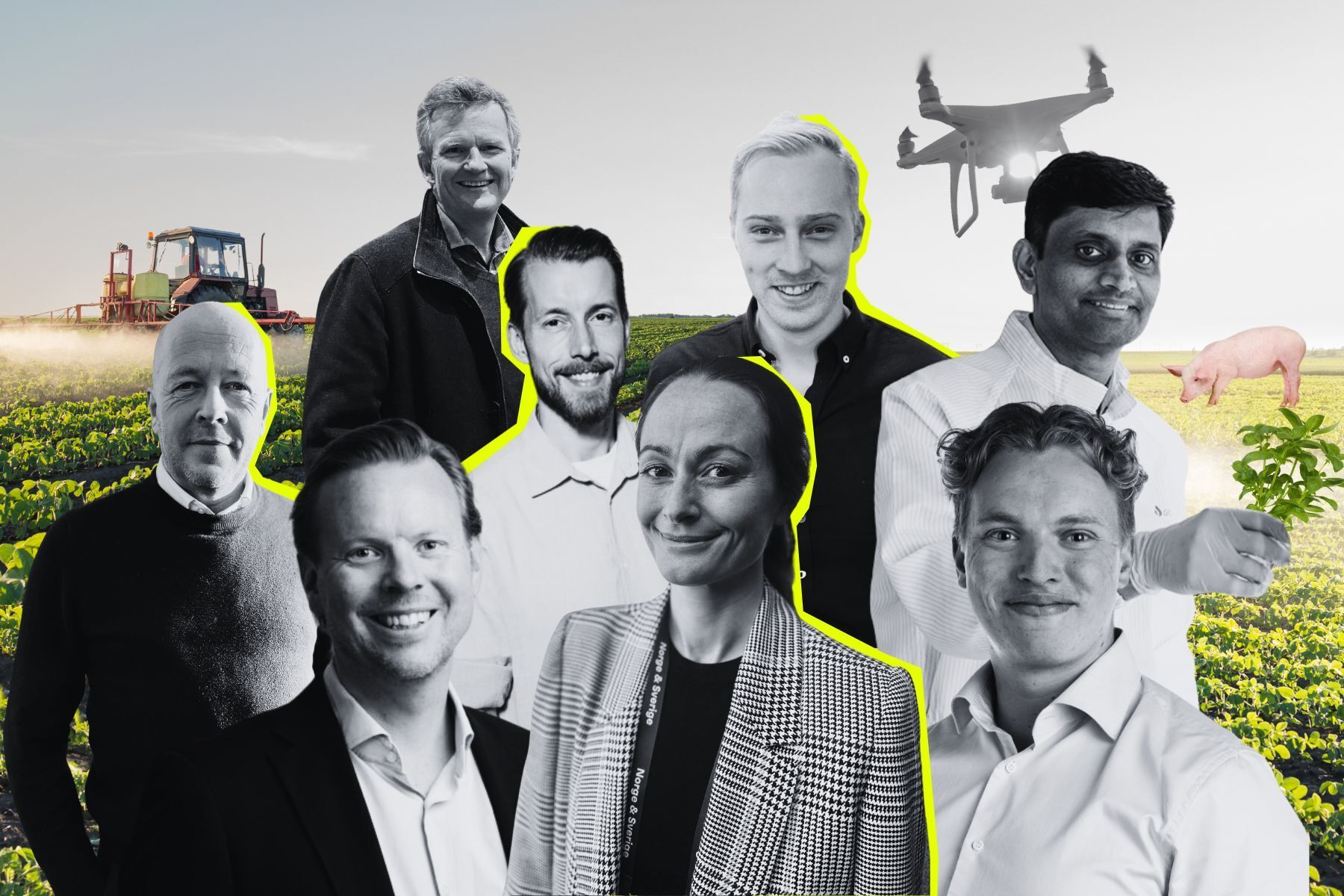 Några av agritech-entreprenörerna som är med i genomgången. Foto: press / Isak Gudnason / Patrik Söderberg. Grafik av Impact Loop.