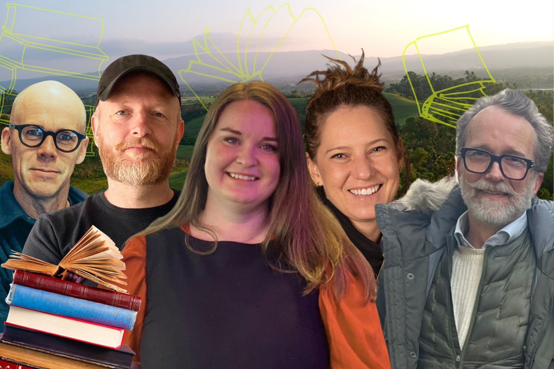 Impact-profiler och bokläsare. Jonas Nyvang, Anders Breitholtz, Malin Frithiosson, Anna Altner och Robert Kornfeld. Foto: Pressbilder (montage).