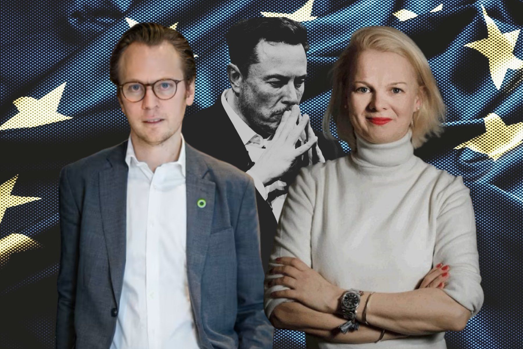 W Social's main backer and founder Ingmar Rentzhog (left) and it's CEO Anna Zeiter, with Elon Musk in background. Press photos/Impact Loop design