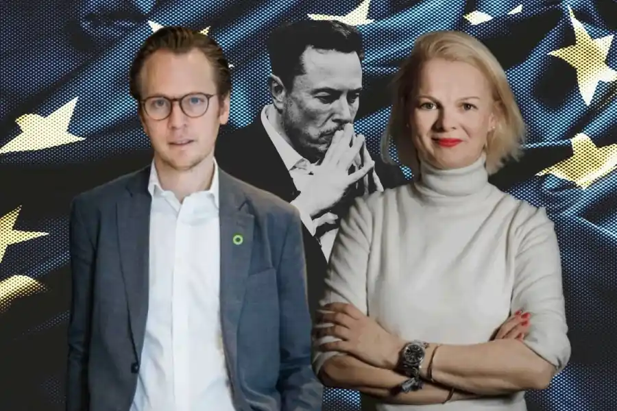 W Social's main backer and founder Ingmar Rentzhog (left) and it's CEO Anna Zeiter, with Elon Musk in background. Press photos/Impact Loop design