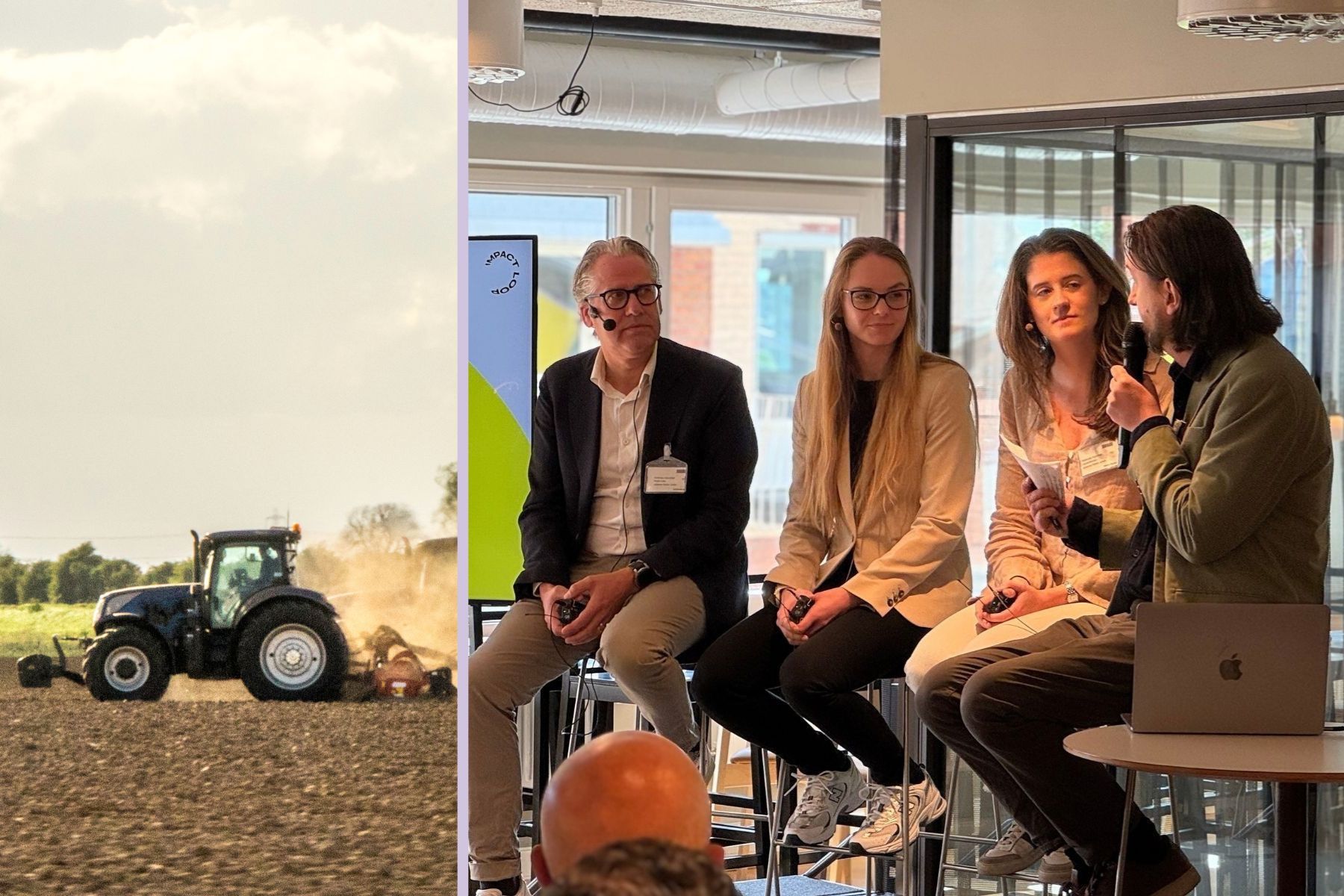 Andreas Hörnfeldt (Södra), Johanna Rahm Juhlin (LRF Ventures) and Rebecka Kornfeld (Industrifonden), with moderator Johann Bernövall from Impact Loop.