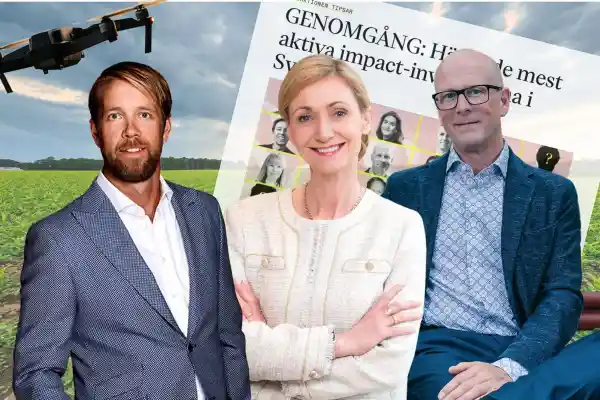 Jörgen Bodin, fondchef på Almi Invest Greentech, Lowina Lundström, vd på InnoEnergy, och Pontus Ottosson, vd på Chalmers Ventures. Foto: Pressbilder. Grafik: Impact Loop.