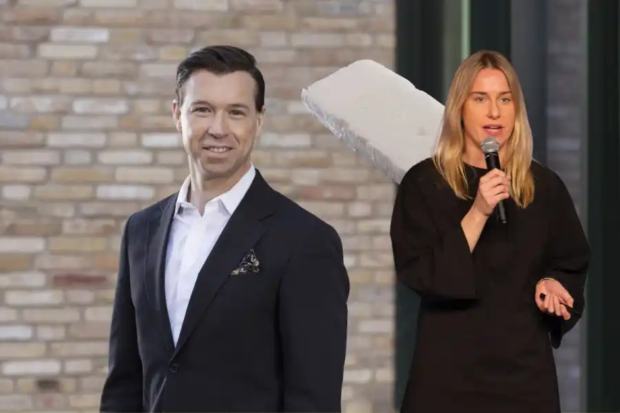 Johan Wiksell, JM, Nanoplumes material och Theresa Hoffmann, vd på Nanomplume. Foto: pressbilder.